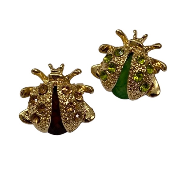 1 Brown and 1 Green small Rhinestone Insect/ Ladybug Brooch - Picture 1 of 8